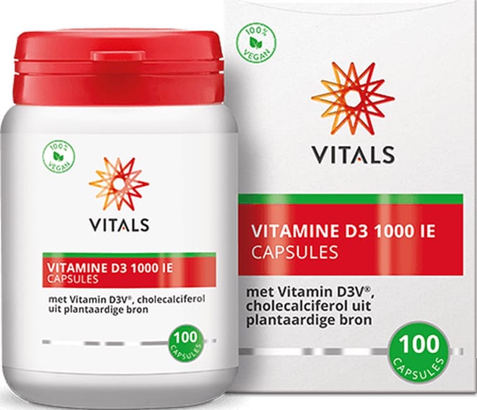 Vitals Vitamine D3 1000 IE cholecalciferol - 100 capsules - vegan. De meest effectieve vorm van vitamine D.