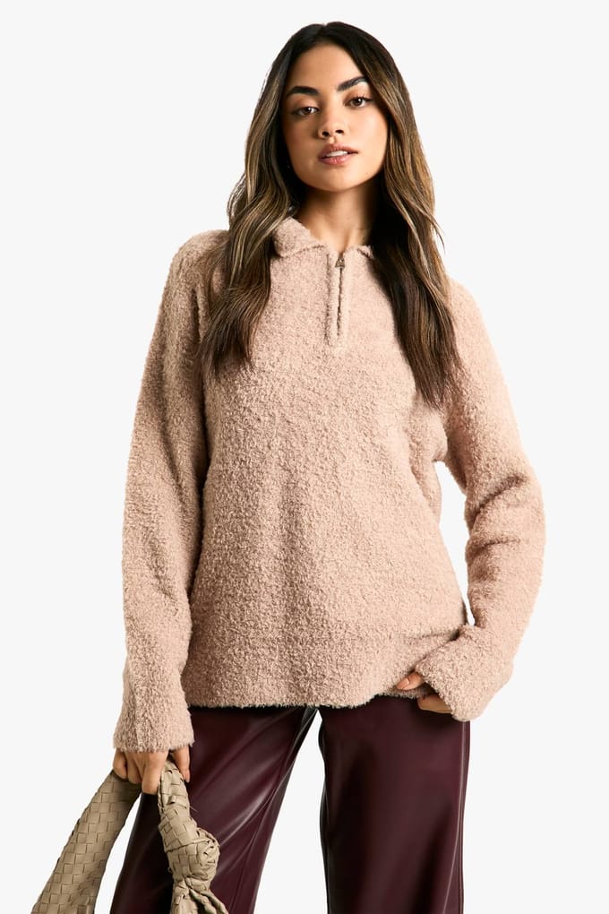 boohoo Dames Boucle Knit Collardetail Jumper | Camel | Maat: Small