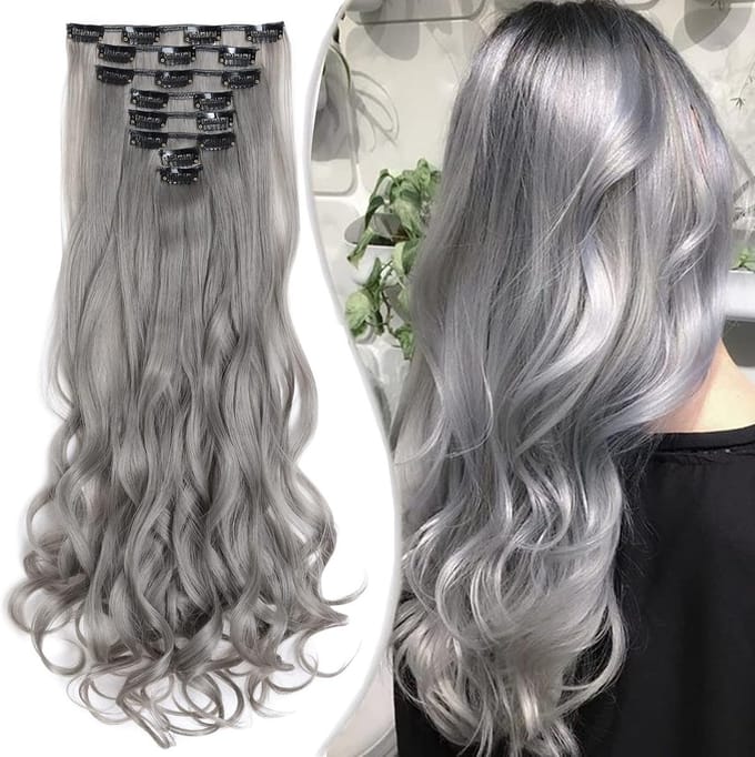 Clip-In Haarextensions Set van 8, 18 Clips, 60 cm, Synthetisch Golvend, Natuurlijk Donkergrijs, Volume en Lengte