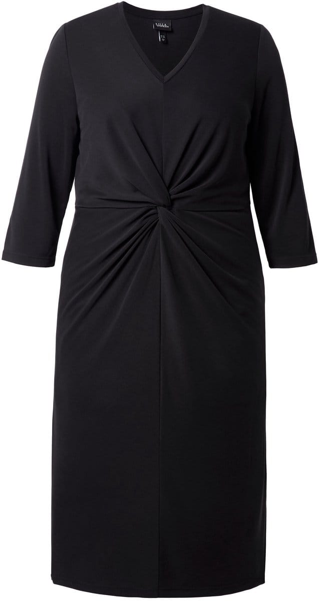 Ulla Popken - Dames - Midi-jurk sierknopen V-hals 3/4-mouwen - Zwart - Maat 58+