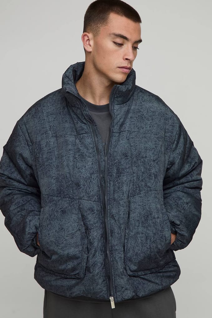 Oversized Boxy Fit Washed Nylon Padded Funnel Neck Puffer Jacket | Black | Size Medium