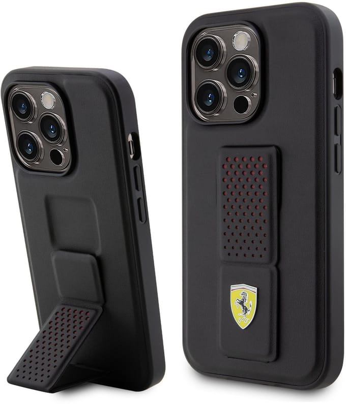 Ferrari Back Cover - iPhone 15 Pro - Zwart - Inclusief uitklapstandaard - Antisliptextuur