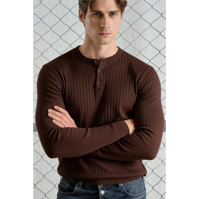 Slim Fit Lange Mouwen Knop Kraag T-Shirt