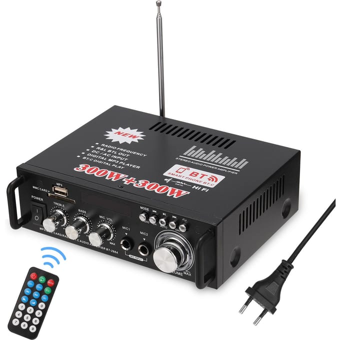 12V/ 220V Mini 2CH LCD-scherm HIFI Audio Stereo Eindversterker BT FM-radio Draagbare auto thuis 600W EU Plug gray