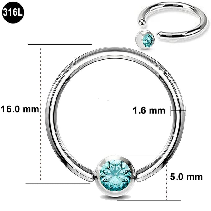 Ball Closure Piercing Ring – 1.6 mm Dikte – 16.0 mm Diameter – Chirurgisch Staal - Licht Blauwe steen