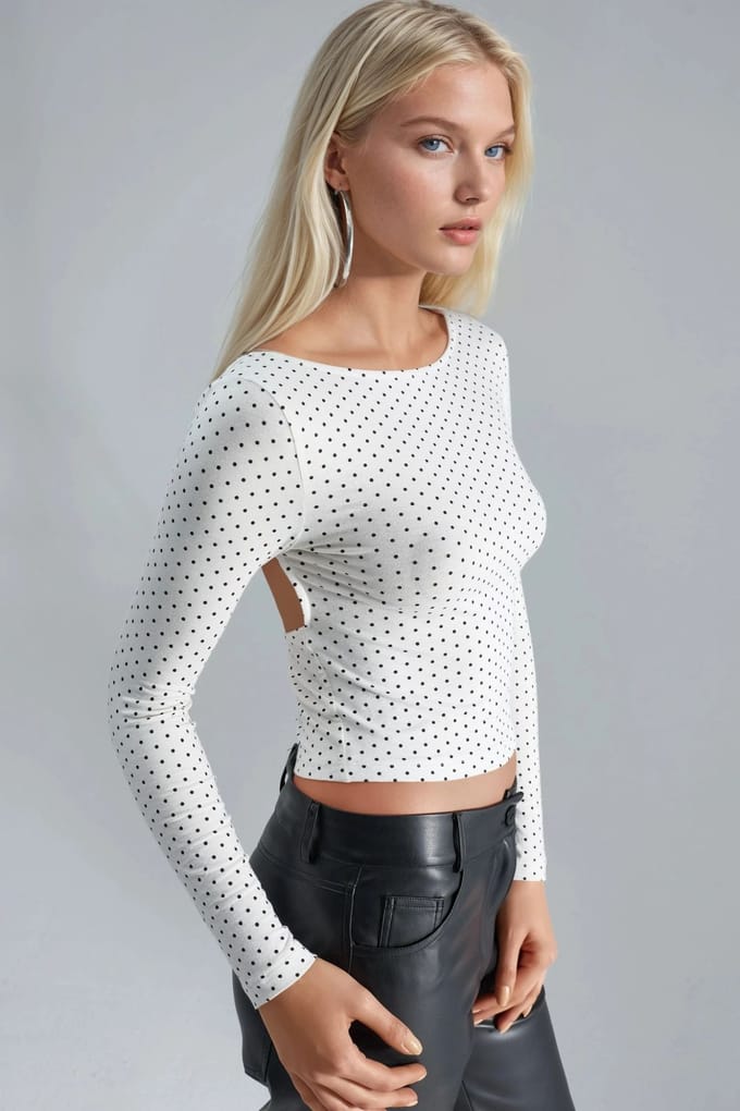 Gestippelde Slim Fit Crop Blouse met Rugdetail