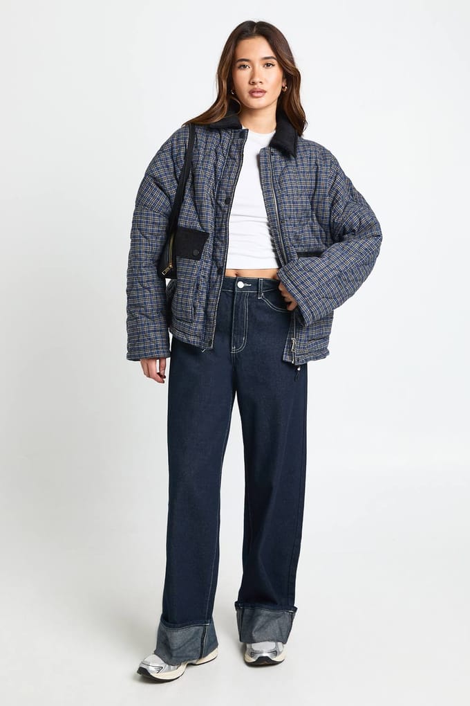 boohoo Dames Geruite Gewatteerde Gevoerde Jas | Blue | Maat: 14