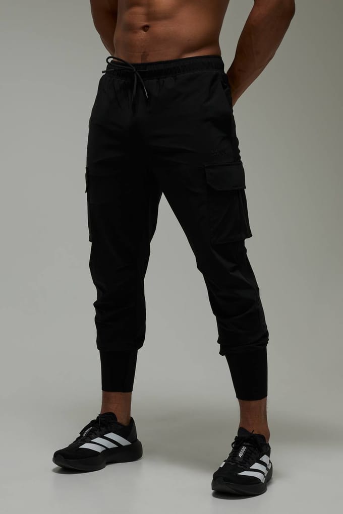 Heren Actieve Slim Fit Cargo Jogger Met Boordjes | Black | Size Large