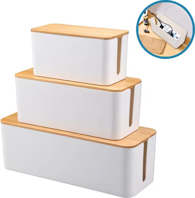 DIVERZA Kabelbox Wit Hout – 3-delige set Kabeldoos Opbergbox stekkerdoos – Kabel Organizer Bureau - Cablebox