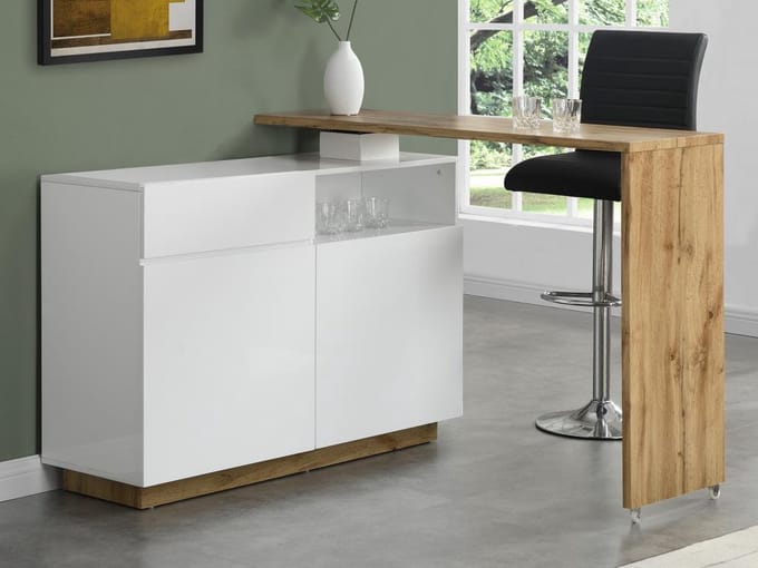 Vente-unique Draaibaar barmeubel ELDIR- 2 deuren, 1 lade en 1 nis - MDF - Witgelakt & eiken