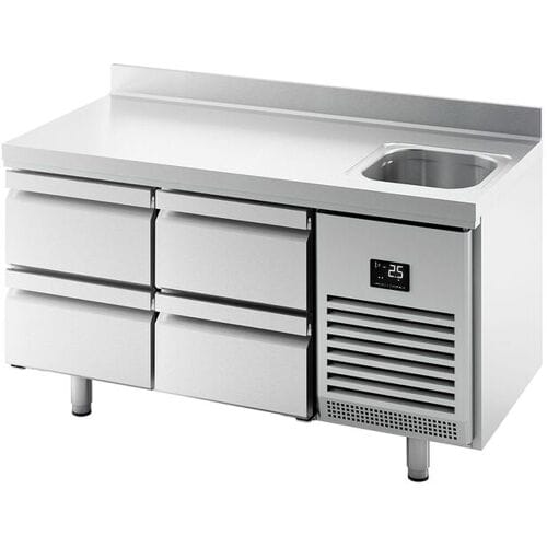 GGM Gastro Koelwerkbank PREMIUM PLUS - 1468x700mm - 305 liter - met 1 spoelbak - met 4 lades - opstand zilver
