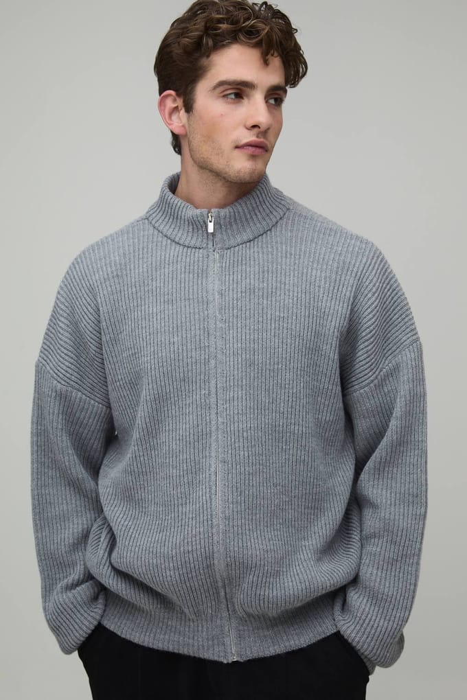 Relaxed Fit Geribbeld Gebreid Trainingsjack | Grey | Size XL