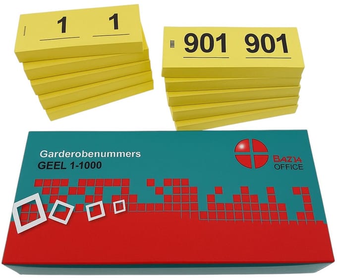 Benza - Garderobenummers cloakroom – Set 1 t/m 1000 – Dubbele Tickets - Geel