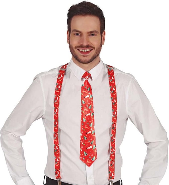 Fiestas Guirca Kerst accessoires set - stropdas en bretels - rood - kerst opdruk -volwassenen