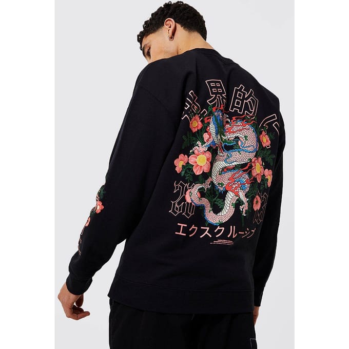 Oversized sweatshirt met een draken- en bloemenprint | Black | Size Medium