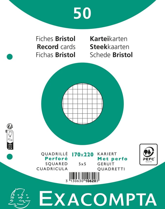 Exacompta 24x Pak 50 steekkaarten in folie - bristol geruit 5x5 geperforeerd - 170x220mm - Wit - 10620E
