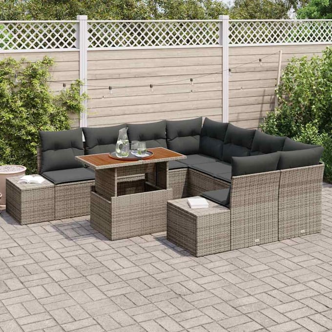 vidaXL Tuin Eettafel Set met kussen 9 pcs Grijs en Bruin
