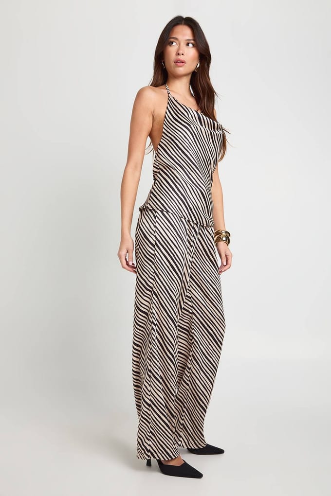 boohoo Dames Zebra satijn halter-top & broek co-ord | Brown | Maat: 6
