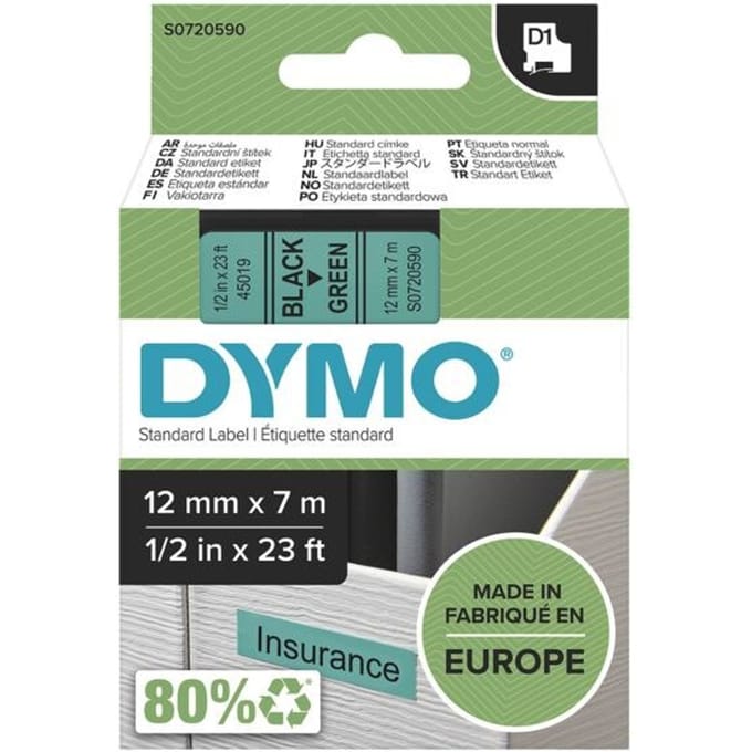DYMO 45019 Labeltape Polyester Tapekleur: Groen Tekstkleur: Zwart 12 mm 7 m
