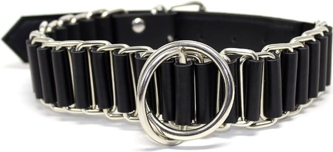 Leren halsband met gespen en riem - zwart