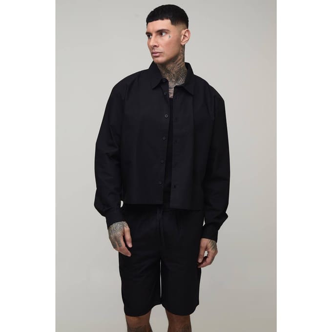 Lang Gecropte Boxy Oversized Shirt & Baggy Short Set | Black | Size Medium