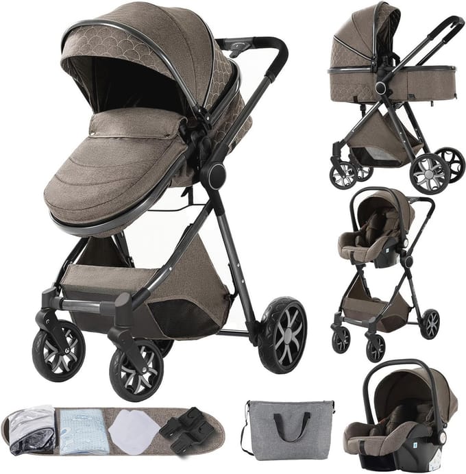 Verstelbare 3-in-1 kinderwagen met dubbele duwmodus en opvouwbaar ontwerp