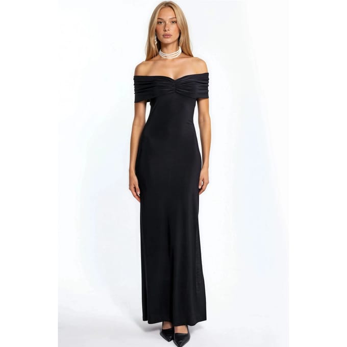Off-Shoulder Split Gedetailleerde Zand Maxi-jurk
