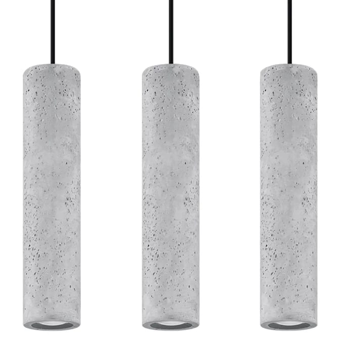 Hanglamp LUVO 3L met 3 betonnen buiskappen in lijn - Sollux Lighting - IP20 - Grijs beton behuizing - 45 x 6 x 90 cm - 3 x GU10 LED, exclusief lichtbron - 3 x 10 W - Industriële hanglamp voor woonkamer, slaapkamer en keuken