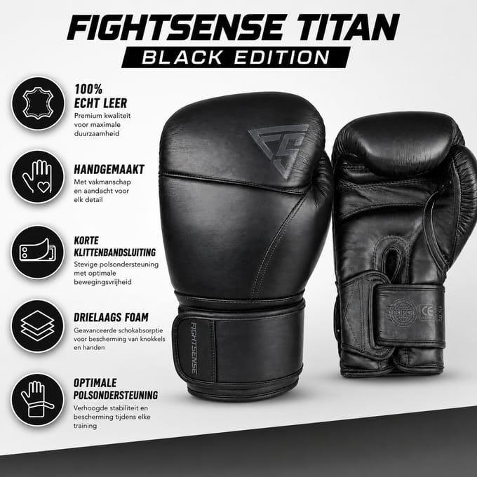 Fightsense Titan Black Edition - 10 oz - Bokshandschoenen – Premium Echt Leer – All Black – Training & Sparren