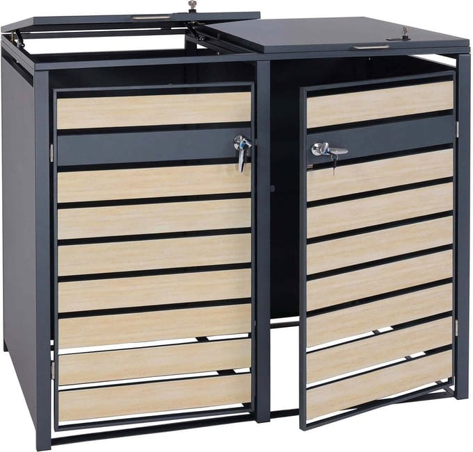 Containerombouw - Kliko Ombouw - Containerberging - Afvalbakberging - Container berging - Containerberging voor afvalcontainers - metaal 50kg, antraciet ~ beukenhout look lichtbruin