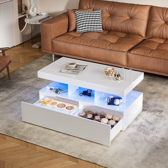 Moderne Witte Salontafel 2 Lade – LED Verlichting – Hoogglans Afwerking