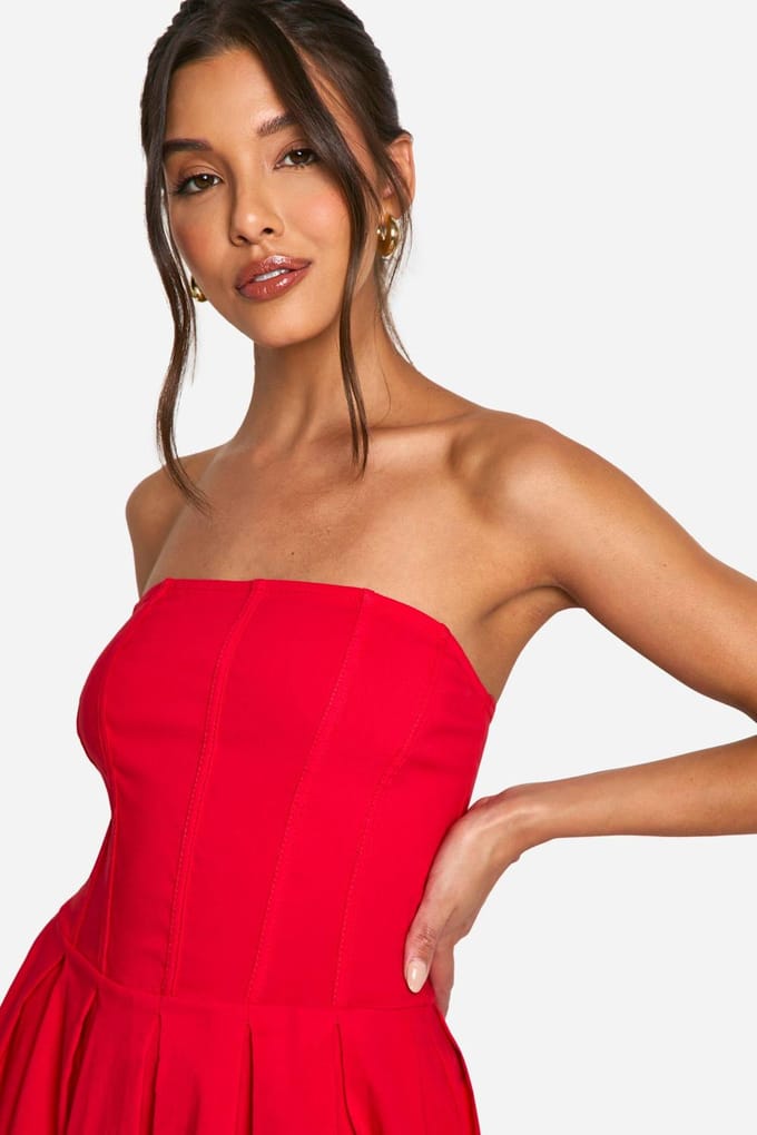 boohoo Dames Bengaline Korset Skater Midaxi Jurk | Rood | Maat: 36