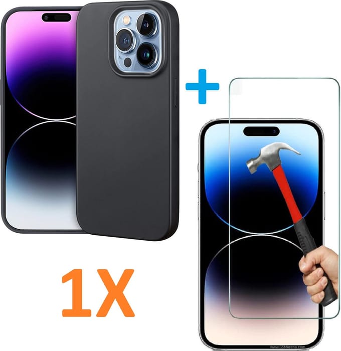 Soft TPU Zwart hoesje Silicone Case + 1 stuk Glas Screenprotector -  Geschikt iPhone 14