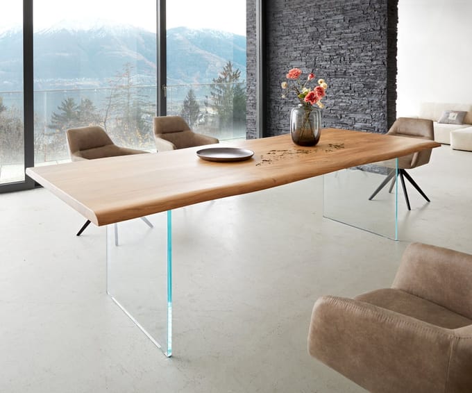 Eetkamertafel Edge acacia natuur 260x100 glas Live-Edge