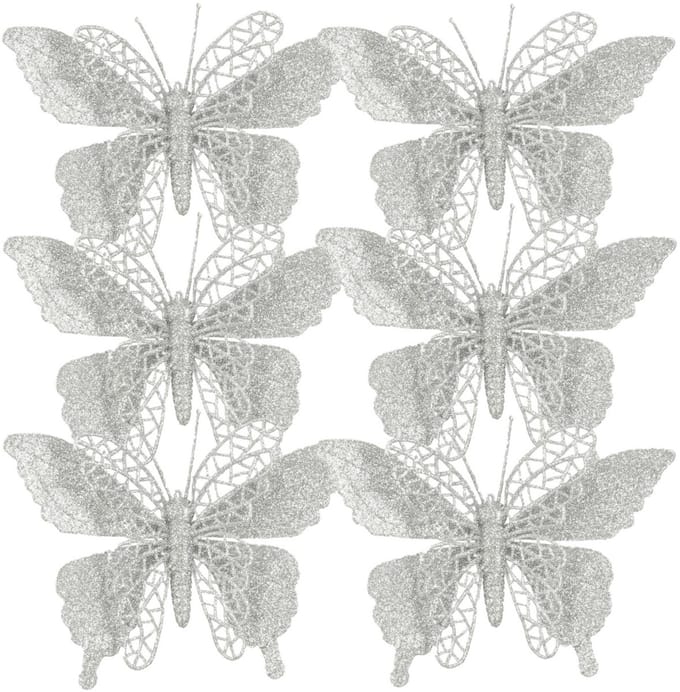 Kerstboomversiering Vlinder - 6x stuks - 16 cm - zilver glitter - op clip