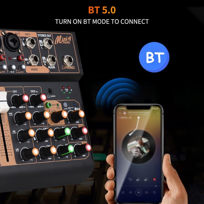 Audiomixer Draagbare 4-kanaals DJ-mixerconsole Mini-geluidsmengpaneel met USB BT 48V Phantom zwart