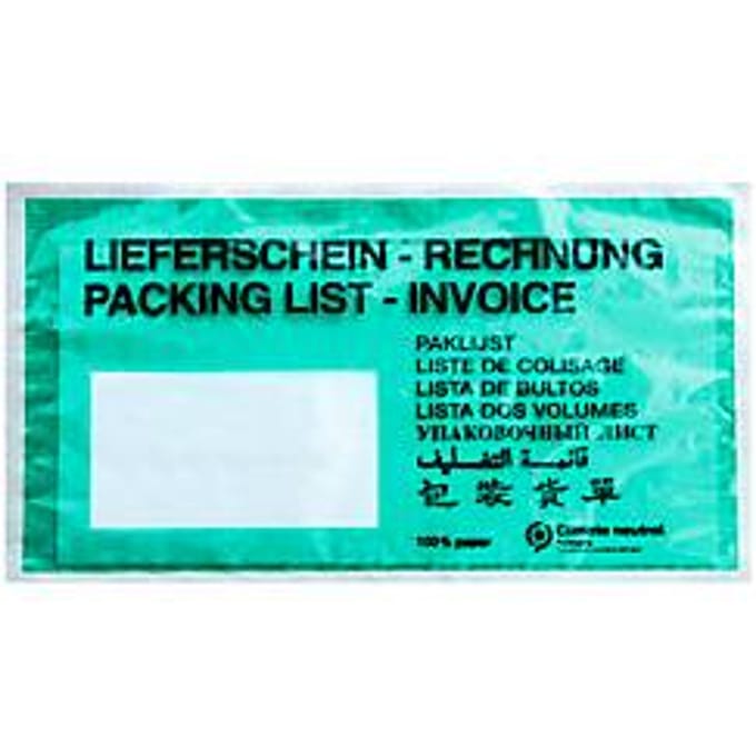 Papieren documentenmap/leveringsbonnenmap SecurePack, DIN lang, venster links, met opdruk, zelfklevend, perkamentpapier, groen, 250 stuks