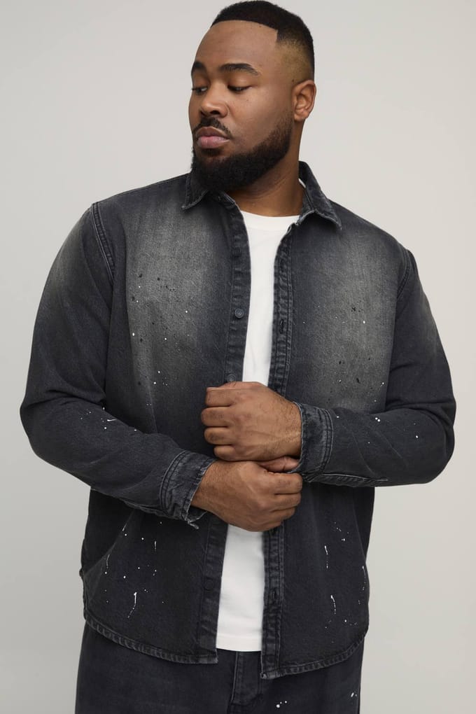 Plus Regular Fit Spray Gewassen Verfspetter Denim Overhemd | Washed Charcoal | Size 2XL