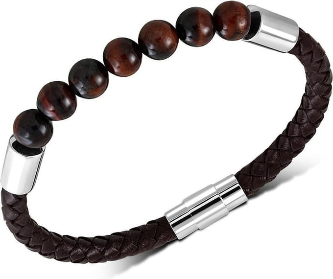 Amanto Armband Feiko A - Leer - Tijger Oog Kraal - Magnetisch - 8mm - 22cm