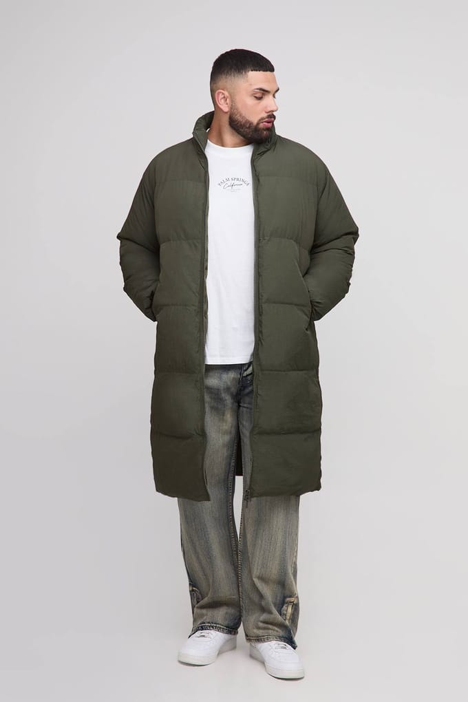 Plus Oversized Crinkle Nylon Funnel Neck Longline Puffer Jacket | Dark Olive | Size 2XL