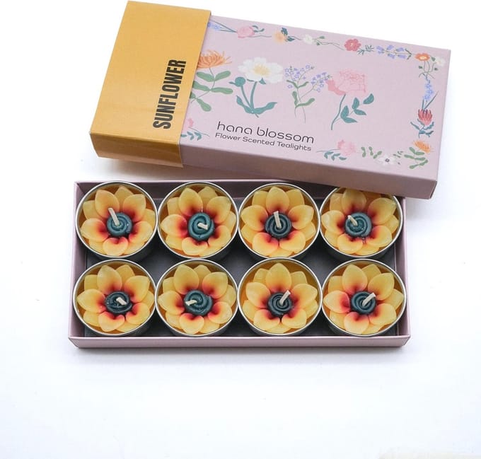 Handgemaakte zonnebloem geurkaarsen set van 8 in geschenkdoos