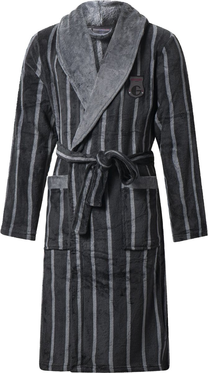 Gentlemen - heren badjas - coral fleece - black/grey stripe - S/M