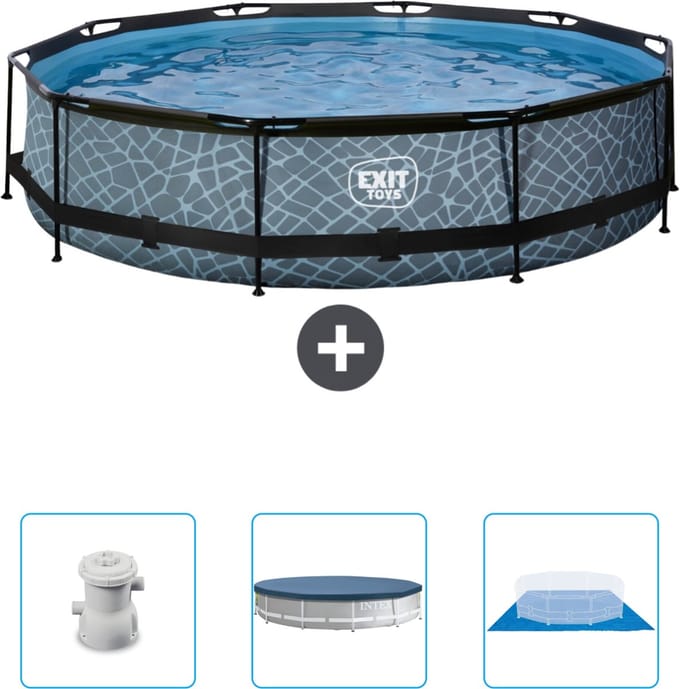 EXIT Rond Stone Frame Zwembad - 360 x 76 cm - Inclusief Pomp - Afdekzeil - Grondzeil - Nu extra voordelig