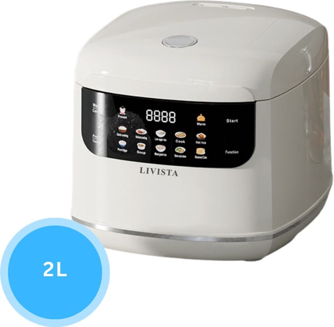 Livista Rijstkoker – 2L – Multicooker – Met Stoomfunctie, Timer en Warmhoudfunctie – 10 Programma's – Titanium Binnenpan – Touchscreen – Wit