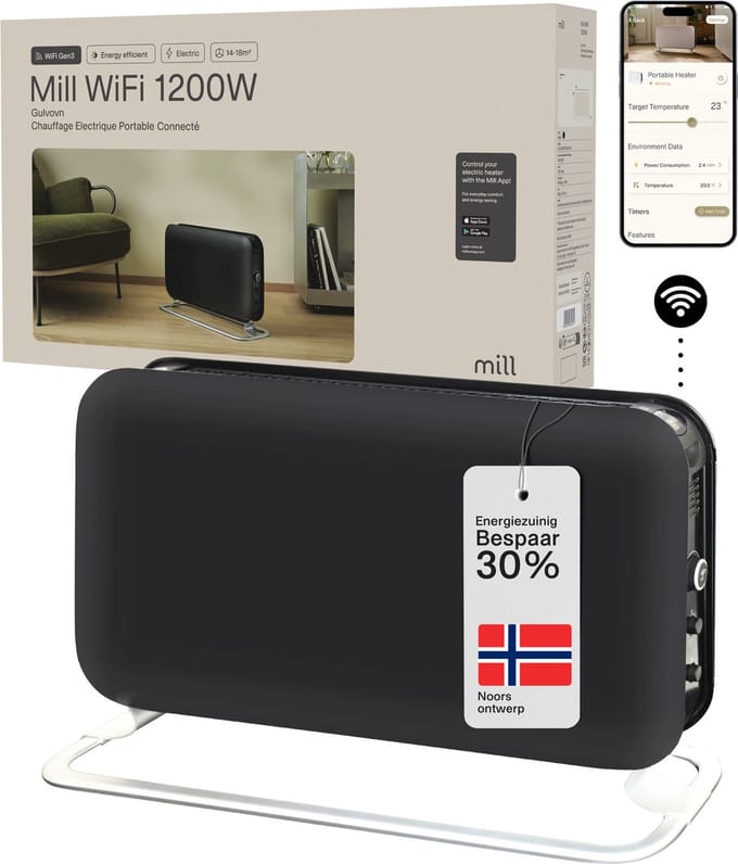 Mill CO1200WIFI3Black - WiFi-geïntegreerde design convector kachel - 1200 Watt - 18m2 - 100% stil