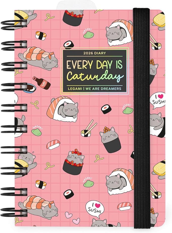 Spiraal Dagkalender Small 2026 Maandoverzicht met Elastiek - Sushi Cat Design