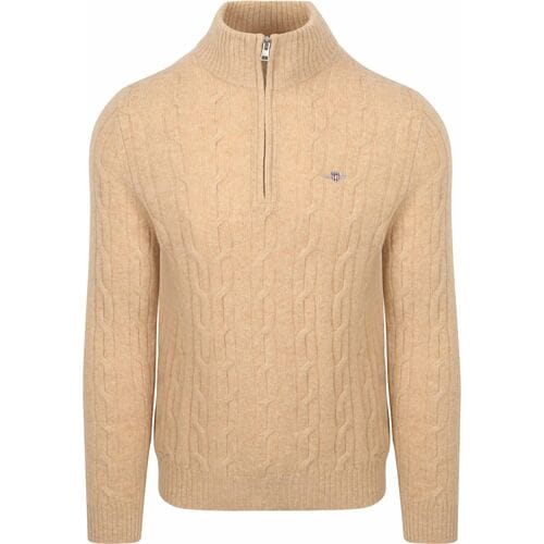 Gant Halfzip Lamswol Trui Cable Beige - Maat XXL - Heren - Quarter zip