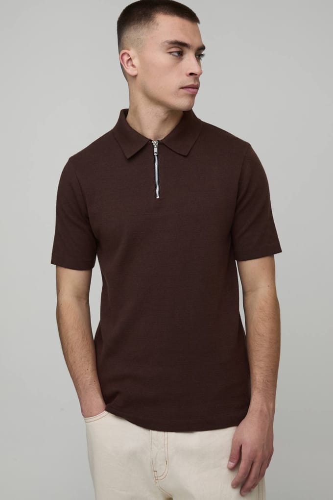 Essential Muscle Fit Soft Touch 1/4 Zip Knitted Polo T-Shirt | Chocolate | Size Medium