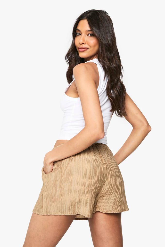 boohoo Dames Geweven Crinkle Flippy Shorts | Mocha | Maat: 8