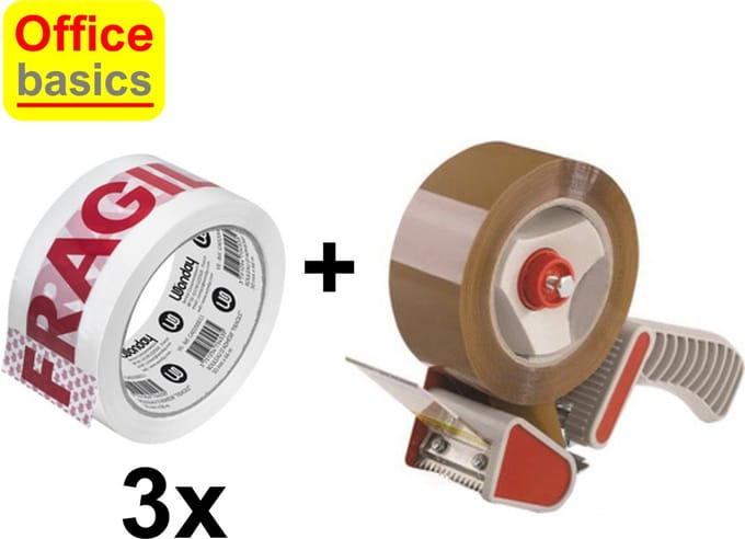 3 rollen 'Fragile' Office Basics plakband 50mm x 60m & afroller